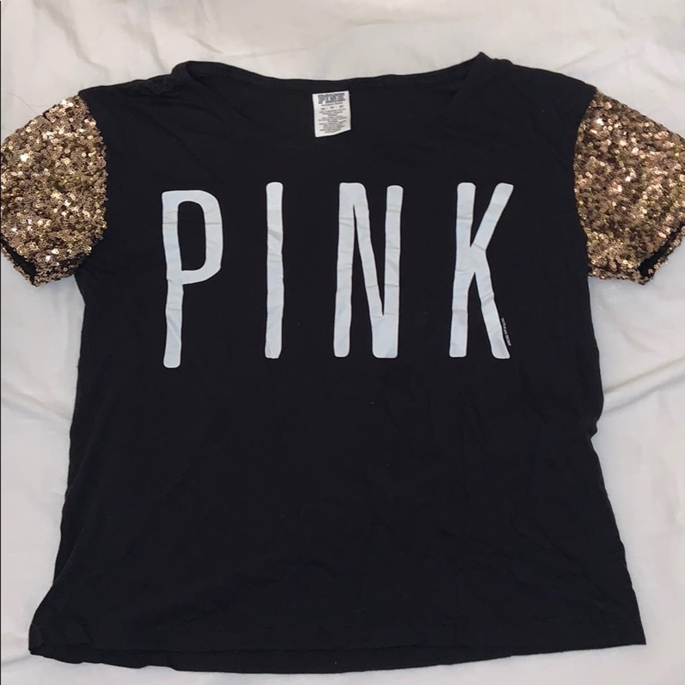 PINK black tee with gold sequin sleeve- XS
